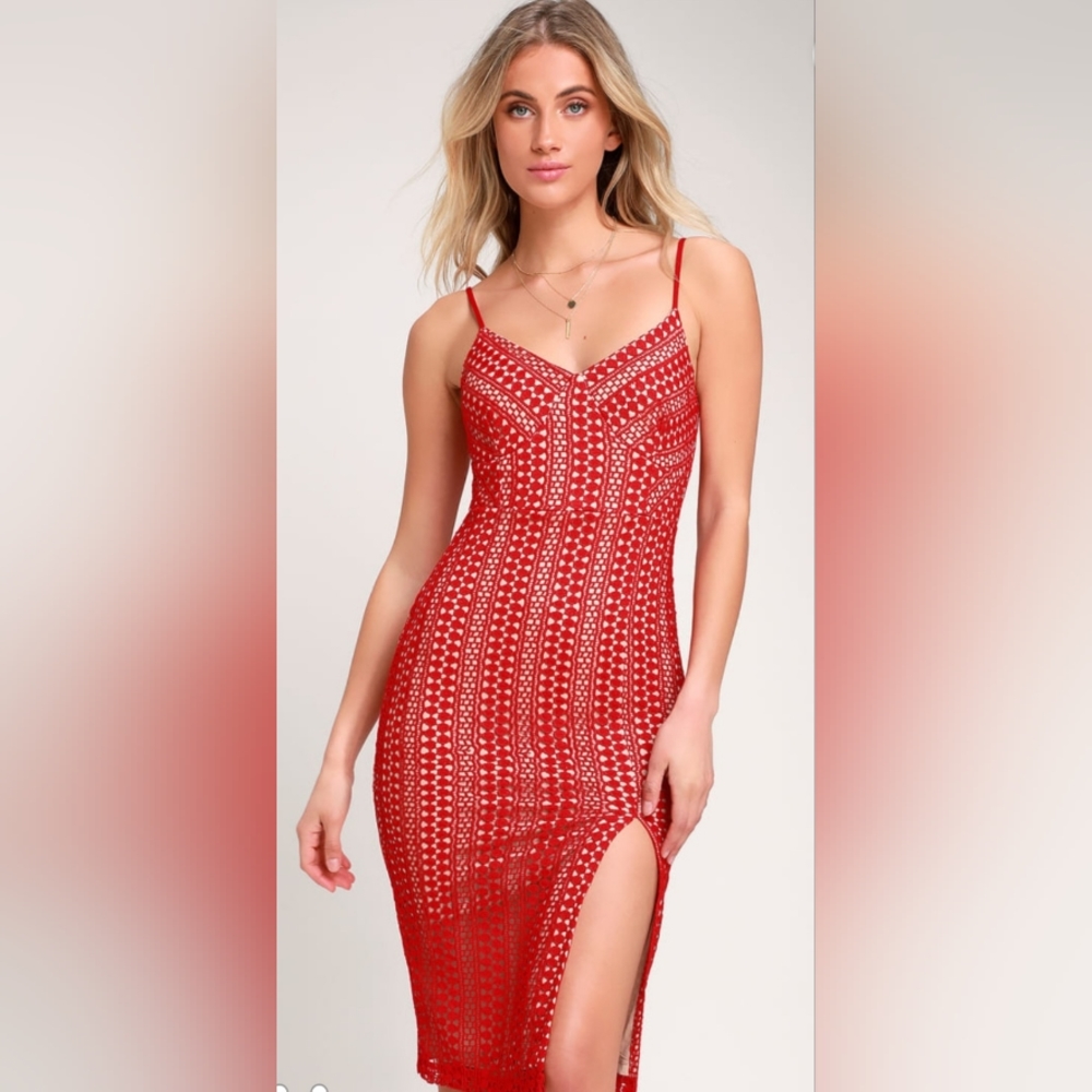 Lulu's New Rules Red Lace Bodycon Midi Dress, M